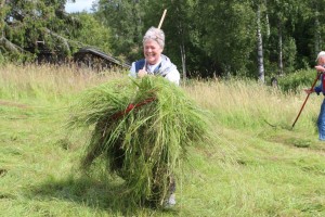 Eneste kvinne i åkeren på bygdetunet var Kjersti Haug, som hadde taket på riva og graset.