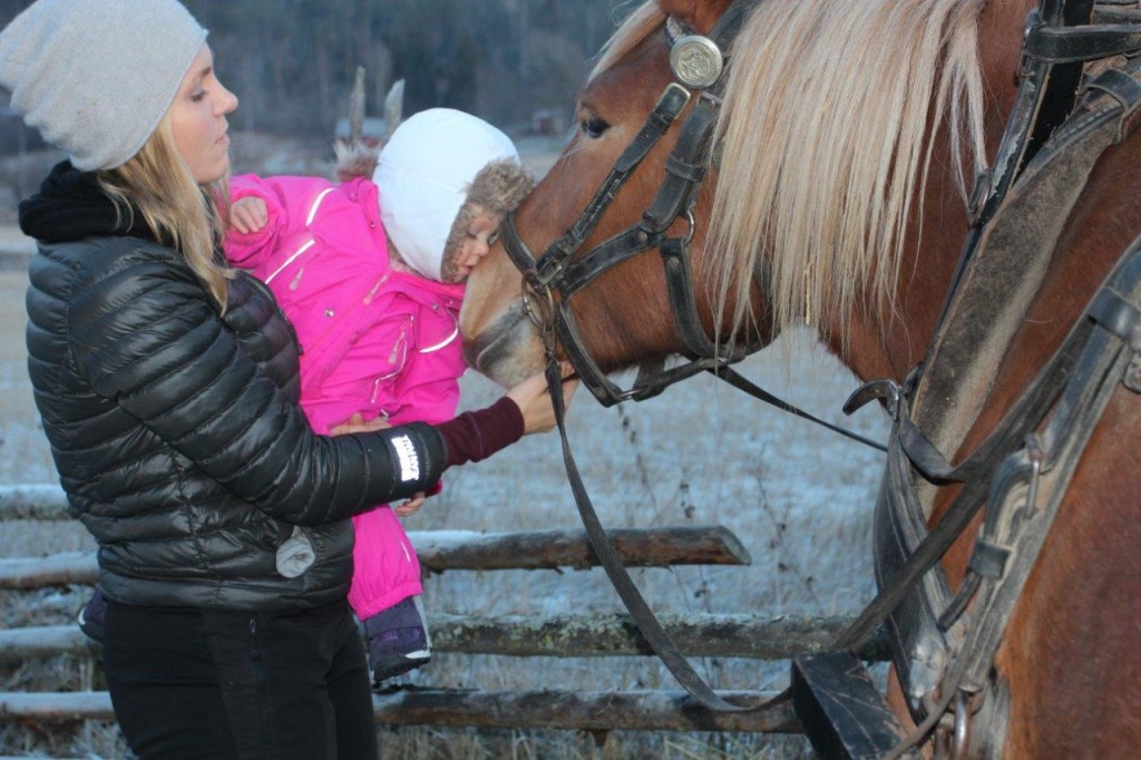 Vel ett år gamle Jessica ga bygdetun hesten Raua en vennskapelig klem. Men mamma Marianne Delviken måtte løfte opp og holde godt i datteren ved kjærtegnet.